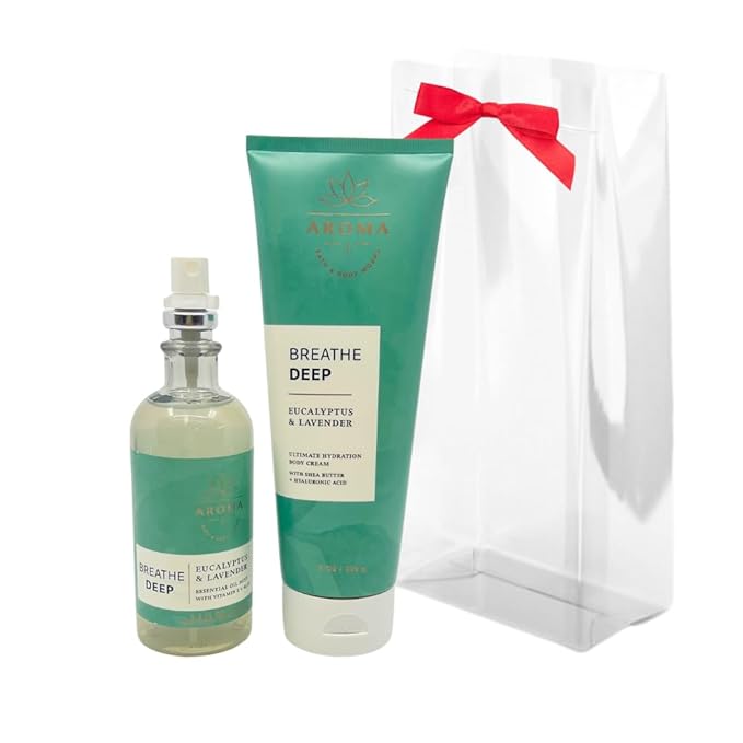 Bath & Body Works Aromatherapy Breathe Deep Eucalyptus & Lavender Gift Set with a Red Bow for Holidays & Gifts – Essential Oil Mist & Body Cream