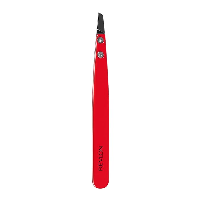 Revlon Ceramic Slanted Tip Tweezers, Precision For Eyebrow Shaping and Fine Hair Removal, Stainless Steel Body, Red, 1 Count