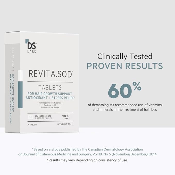 DS Labs Revita.SOD Hair Support Tablets for Men & Women, Daily Supplement with Superoxide Dismutase, Zinc & Ashwagandha, Supports Hair Strength, Density & Visible Shedding Reduction, 30 Tablets