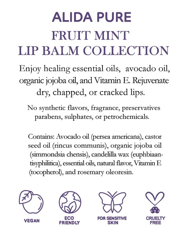 Fruit Mint Lip Balm Collection, Vegan Lip Balm Set, Bees Wax Free, Coconut Oil Free, Avocado Oil, Organic Jojoba Oil, Vitamin E, Natural Moisturizer For Dry Cracked Lips, 3 Tube Set