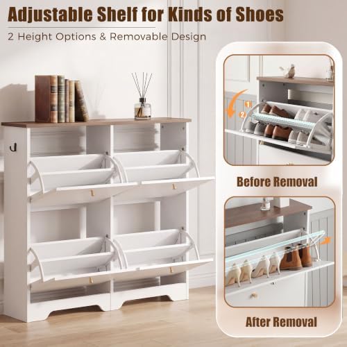 Nicetree 4 Flip‑Drawer Shoe Cabinet, Walnut Top, 9.5" Deep, Light White - Image 6