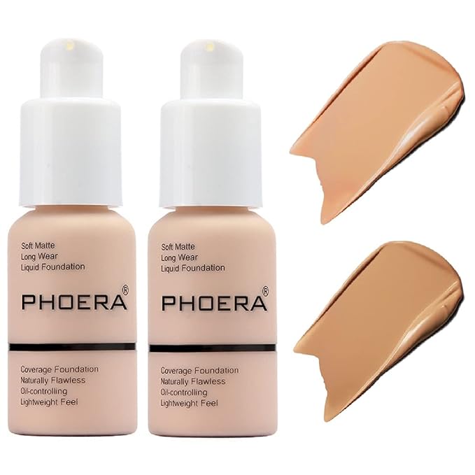2 Pack PHOERA Foundation,Matte Oil Control Concealer Foundation Cream,PHOERA Long Lasting Waterproof Matte Liquid Foundation for Women Girls (104 Buff Beige+105 Sand)