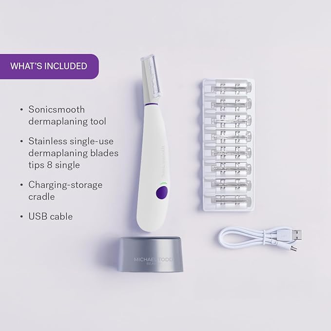 Michael Todd Beauty Sonicsmooth Dermaplane Razor for Women Face + Eyebrow trimmer Dermaplaning System - Peach Fuzz Remover - 8 Weeks of Dermaplaning Blades