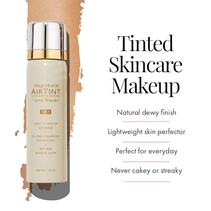 Jerome Alexander MagicMinerals AirTint Tinted Moisturizer AirBrush Spray Light | Tinted Moisturizer Spray with Anti-Aging Ingredients | Warm Bright |2PC