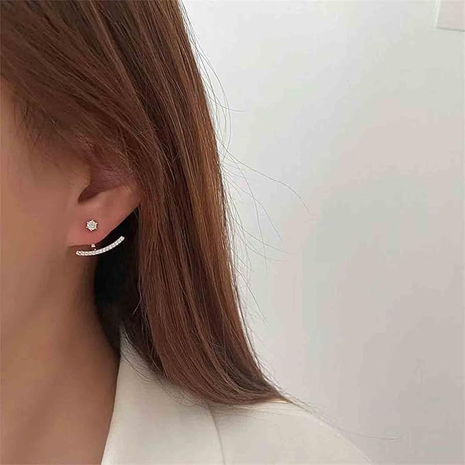 Crystal Bar Ear Climber Earrings Silver Rhinestone Ear Jacket Earrings Boho Bar Ear Crawlers Earrings Minimalist Geometric Moon Earrings Jewelry for Women and Girls