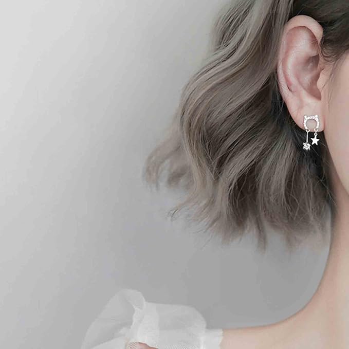 Crystal Cat Studs Earrings Silver Crystal Star Dangle Earrings Boho Rhinestone Drop Earrings Natural Inspired Animal Earrings Jewelry for Women and Girls Cat Lover Gifts