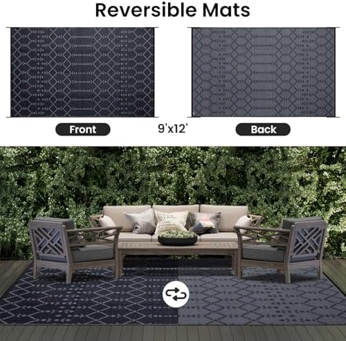 Smiry Outdoor Rug 9x12 ft Waterproof Reversible Boho Mat, Dark Grey - Image 3
