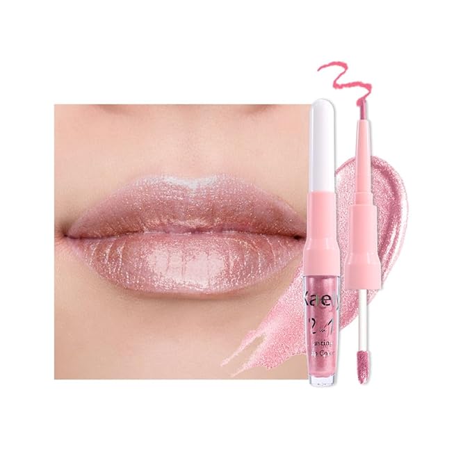 evpct Warm Pink Metallic Glitter Lip Liner and Lipstick Combo Set Long Lasting Waterproof, Metallic Shimmer Lip Gloss Stain Makeup for Women, Warm Pink Frosted Iridescent Glossy Liquid Lipstick 19
