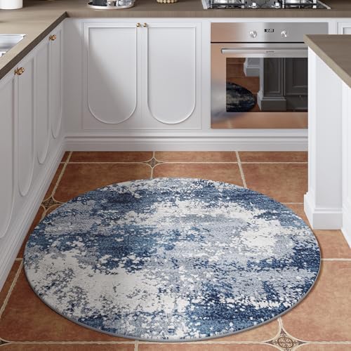 Blue Round Area Rugs 4ft Washable Circle Rug - Image 3