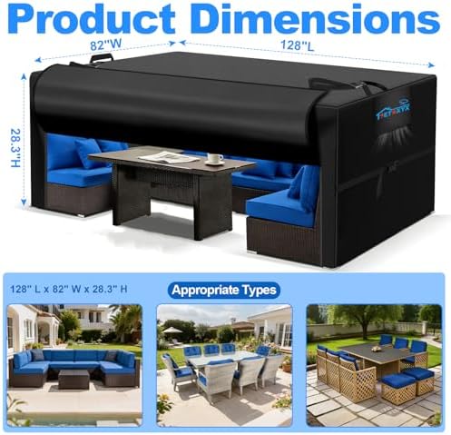 Rectangular Patio Table and Chair Cover, 600D 128"L x 82"W x 28"H - Image 3