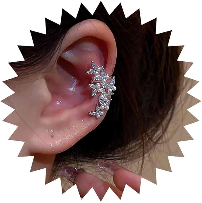 Vintage Crystal Pearl Ear Cuff Earrings Rhinestone Butterfly Cuff Wrap Earrings Cz Butterfly Ear Climber Cuff Earrings Silver Pearl Cz Non Piercing Earring Jewelry for Women(Left)