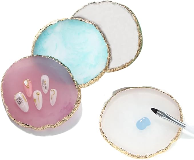 Resin Nail Art Palette, Nail Art Painting Mixed Color Palette Gold Edge Nail Gel Color Makeup Display Board (Pink+White)