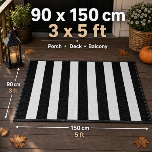 3x5 Ft Black and White Striped Reversible Plastic Straw Outdoor Rug - Image 2