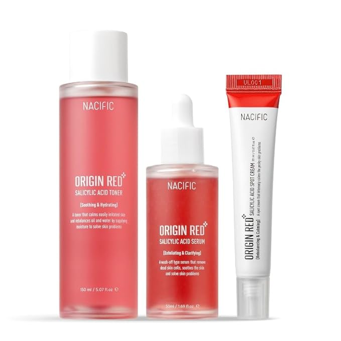 NACIFIC Origin Red Salicylic Acid Triple Set (Toner 150ml Serum 50ml Cream 20ml) Skin Barrier Strengthening, PH 5.5, AHA, BHA, PHA, Soothing