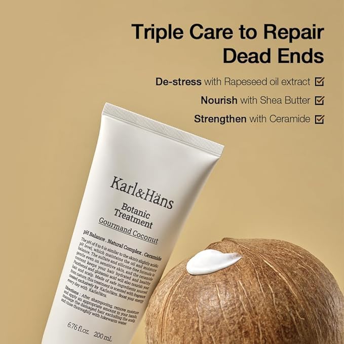 Karl&Hans Botanic Gourmand Coconut Conditioner Hair Treatment - Organic, Silicone-Free, Moisturizing with Ceramide, Coconut Oil & Natural Extracts for All, Dry, Damaged, Frizzy Hair, 6.76 fl oz