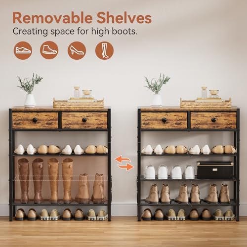 4 Tier Shoe Rack with 2 Drawers, 12-16 Pairs Rustic Brown - Image 6