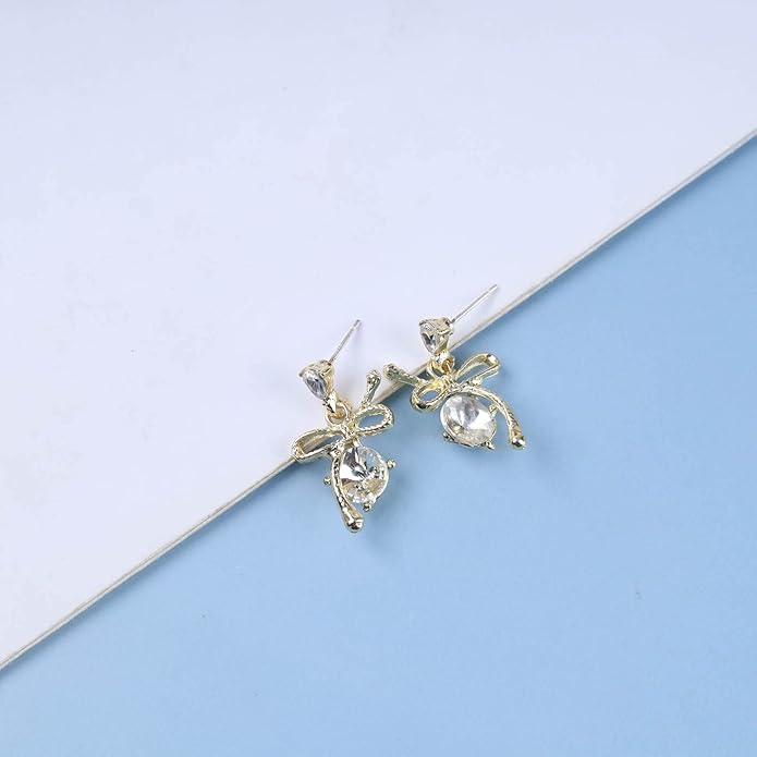 Vintage Rhinestone Bow Drop Earrings Gold Teardrop Crystal Earrings Round Cut Stud Earrings Bow Crystal Bridal Earrings Jewelry for Women