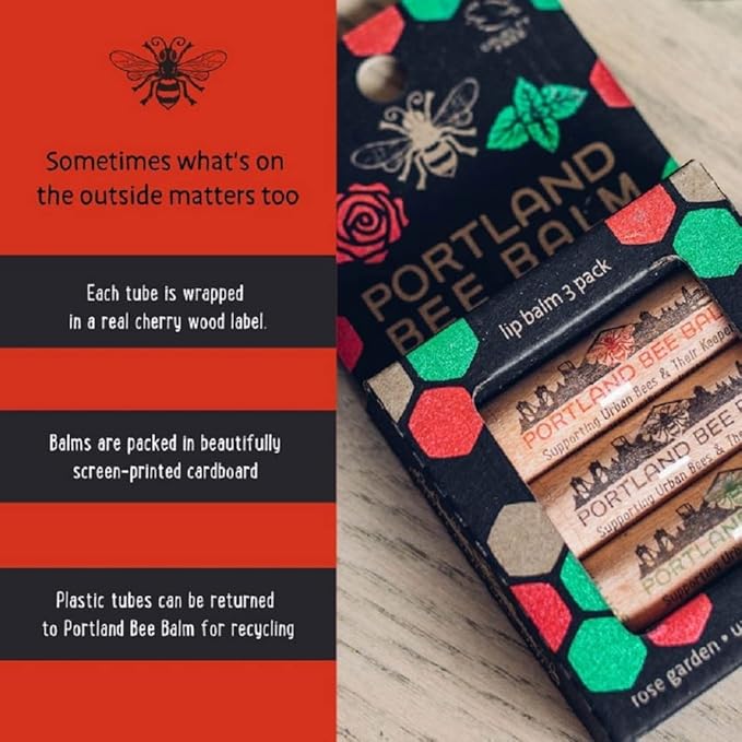 Portland Bee Balm All Natural Handmade Beeswax Based Lip Balm Unscented, Oregon Mint and Rose Assortment 3 Count