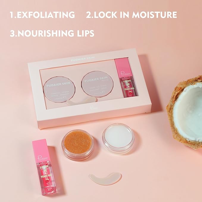 Pudaier 3Pcs Lip Care Kit with Coconut Lip Mask Caramel Lip Scrub Strawberry Lip Oil for Shiny and Nourishing Lips, Dry Lips Treatment, Moisturizing Lip Care For All Day Hydration