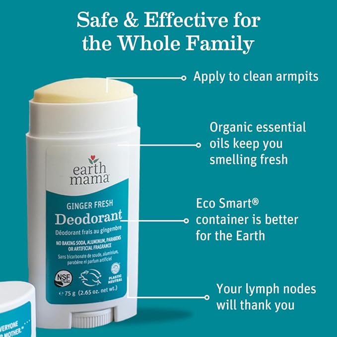 Earth Mama Ginger Fresh Deodorant | Safe for Sensitive Skin, Pregnancy and Breastfeeding, Contains Organic Ginger and Lime, No Baking Soda or Aluminum, 2.65-Ounce