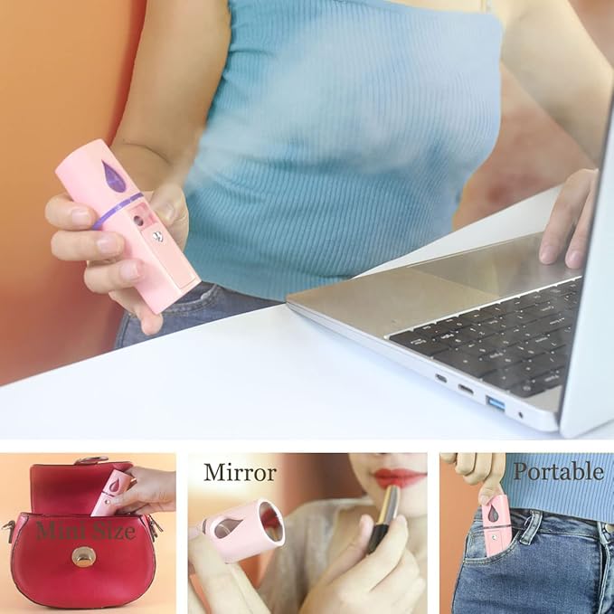 Nano Facial Mister Portable Mist Sprayer with Mirror Mini Cool Mist Spray for Skin Care & Facial Body Moisturized & Eyelash Extensions, USB Rechargeable (Pink)