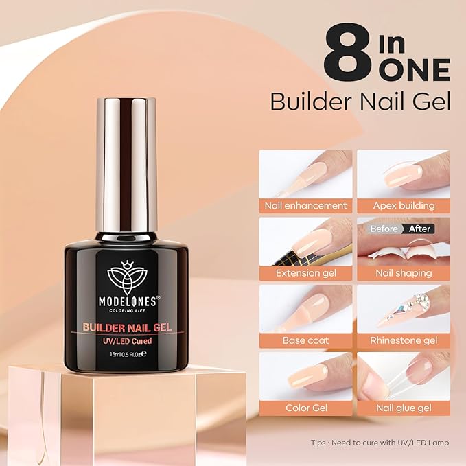modelones Builder Nail Gel, 8-in-One Gold Shimmer Builder, Champagne Sparkle Glitter Rubber Color Base Gel Polish LED Lamp Cured, Apex Building Strengthener Extension for Home DIY Salon Girls