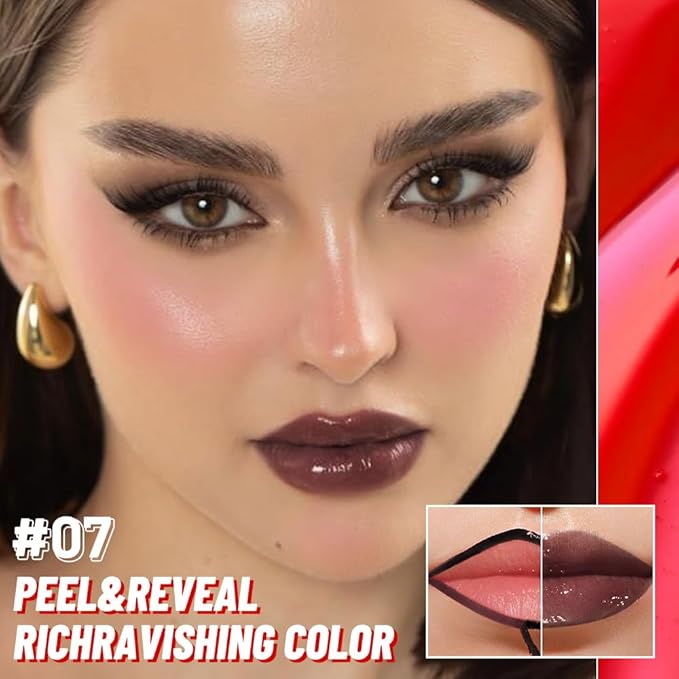 Maroon Lip Stain Peel Off Lip liner and Lip oil with Tweezer, Dual-Ended Peel Off Lip Stain Tattoo, Highly Pigmented Long Lasting Waterproof, Transfer-proof for All Skin Types, 07#