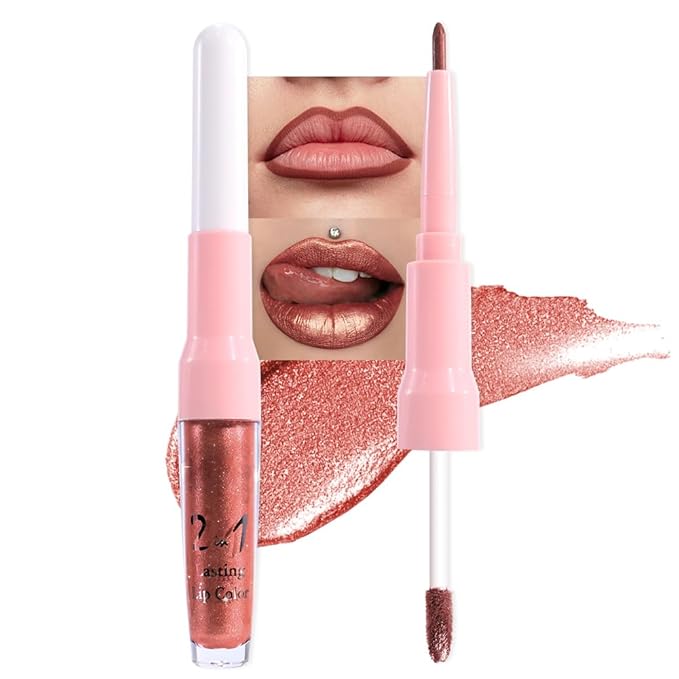 evpct Copper Metallic Glitter Lip Liner and Lipstick Combo Lip Gloss Stain Set Makeup for Women Long Lasting Waterproof 24, Bronze Gold Mocha Metallic Shimmer Frosted Iridescent Glossy Liquid Lipstick