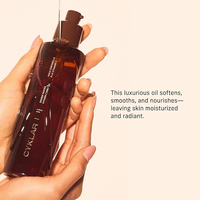 Vitamin C Body Oil for Women and Men. Moisturizing Sacred Santal Scented Body Serum for Glowing Skin. Nourishing, Hydrating After-Shower and Bath Skin Care Moisturizer, 4.2 Fl Oz