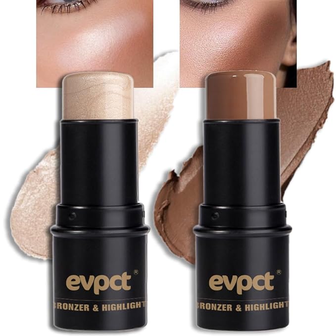 evpct 2Pcs Face Cream Contour Bronzer Sticks Makeup Highlighter Highlight Blonde Mocha Creme Cheek Contour Sticks contorno en crema Bronzing Foundation Face Contour Stick Kit,4+10 New Light-medium