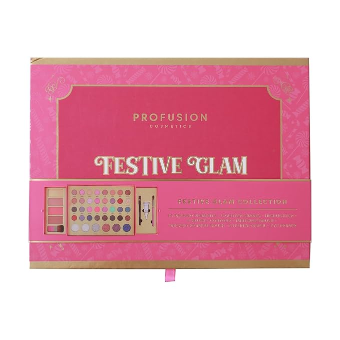 Profusion Cosmetics Sweet Holiday Festive Glam 46 Piece Eye and Face Essentials for Holiday Sparkle, Ultimate Holiday Glam Set With Highlighter, Blush, Contour, and More