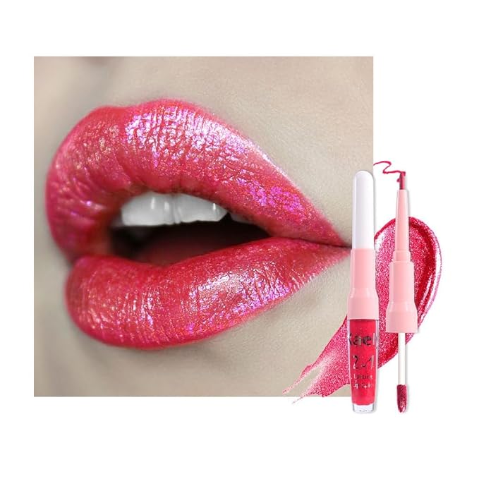 evpct Crushed Ruby Red Metallic Glitter Lip Liner and Lipstick Combo Lip Gloss Stain Set Makeup for Women Long Lasting Waterproof 24, Red Frosted Metallic Shimmer Glossy iridescent Liquid Lipstick 18