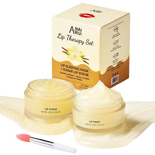 ANAI RUI Lip Mask and Scrub Set, Lip Sleeping Mask & Lip Exfoliator/Scrub for Exfoliating & Lip Overnight Treatment, Lip Care Gift Kits for Dry, Chapped & Dark Lips, Reduce Fine Lines, Vanilla
