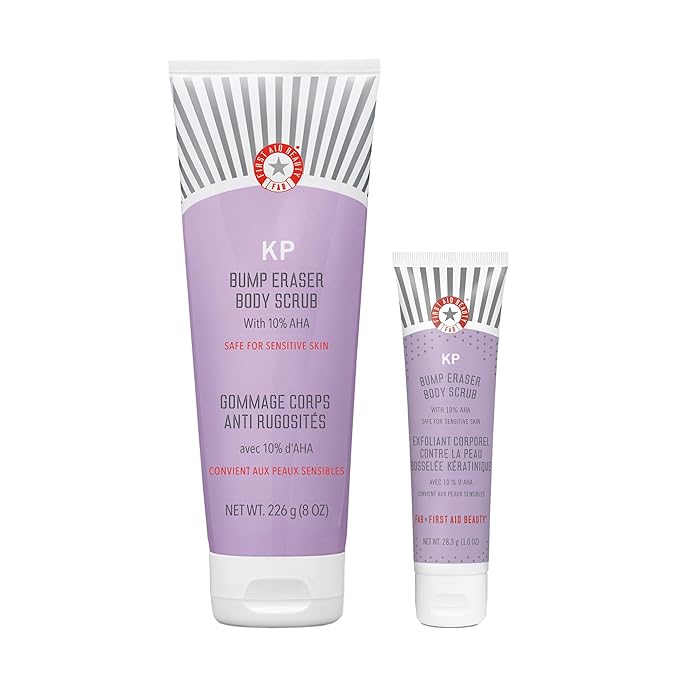 First Aid Beauty KP Bump Eraser Body Scrub Exfoliant for Keratosis Pilaris with 10% AHA – 8 oz + Bonus 1 oz Travel Size Tube