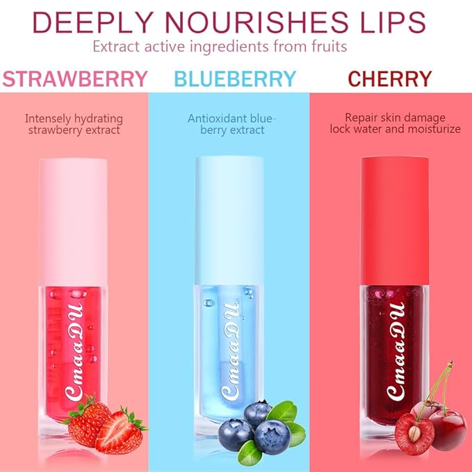 BINGBRUSH 3 Pcs Fruity Color Changing Lip Gloss for Girls, Pink Magic Mood Lip Oil Tinted, Temperature Color Change Lip Stain Lip Balm, Longlasting Lips Will Not Dry Out
