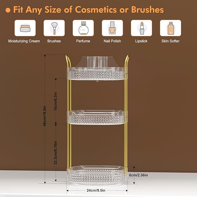 Awenia Rotating Makeup Organizer 360, Stackable Adjustable Large Capacity Cosmetic Storage Unit,Dresser Bathroom Kitchen Countertop Organizer with Metal Handle, Plus Size (Clear, 3 Tier)