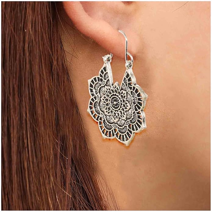 Boho Mandala Flower Earrings Gold Drop Dangle Earrings Tribal Earrings Vintage Ethnic Hoop Earrings Jewelry for Women and Girls