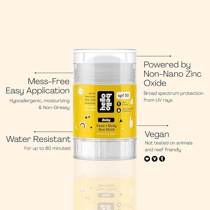 Hello Bello Mineral SPF 50 Face & Body Sunscreen Stick, Water Resistant and Reef Friendly Roll On Sun Protection, 1oz