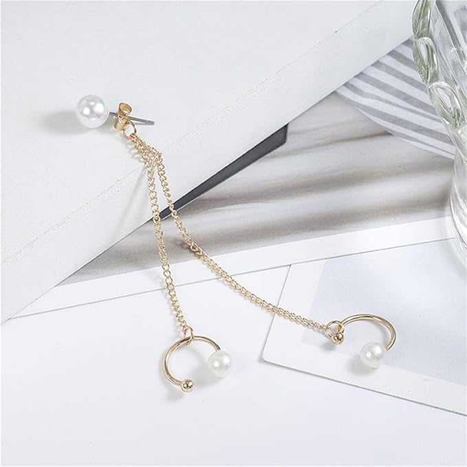 Vintage Pearl Cuff Chain Earrings Gold Chain Ear Cuffs Dangle Chain Cartilage Earrings Pearl Studs Earrings Cartilage Helix Earrings Helix to Lobe chain earrings Jewelry for Women and Girls (Gold A)
