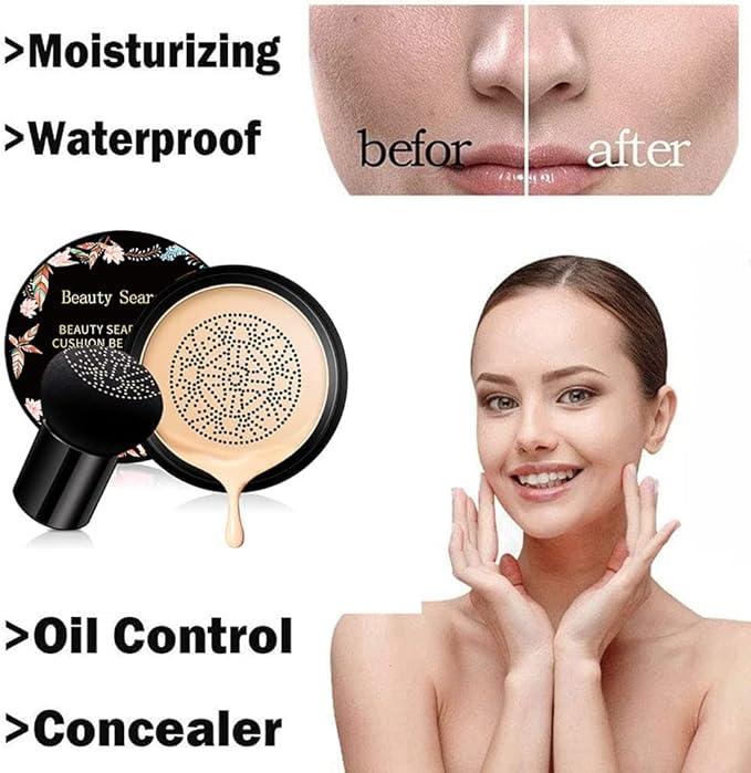 Beauty Glazed Mushroom Head Air Cushion CC Cream Foundation Cover Concealer Makeup Moisturizing Brightening Pigment Liquid Foundation, Even Skin Tone Makeup Base BB # 02 Naturel