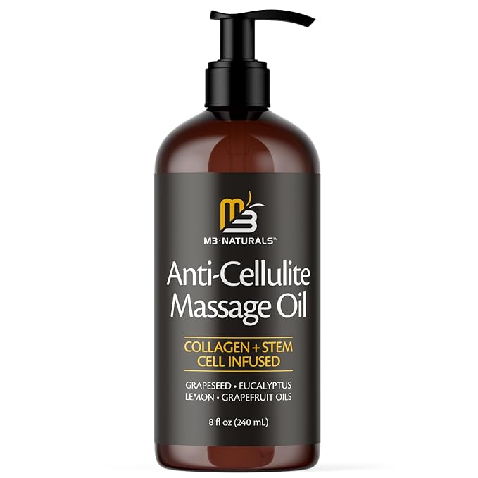 M3 Naturals Anti Cellulite Massage Oil and Silicone Body Brush – Collagen and Stem Cell Skin Tightening Formula for Smoothing and Firming – 8 Fl Oz