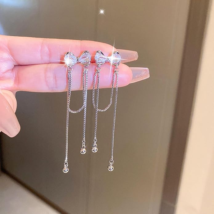 Vintage Crystal Bow Earrings Rhinestone Chain Drop Earrings Silver Long Chain Dangle Earrings Long Tassel Chain Earrings Jewelry for Women