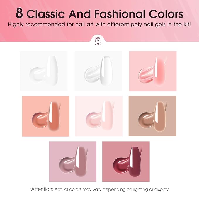 ROSALIND Poly Nail Gel Kit -8 Colors + White Brown Accessories Clear Nude Poly Nails Gel Starter Kit With Slip Solution Nude Pink Extensions Set with Mini UV Lamp