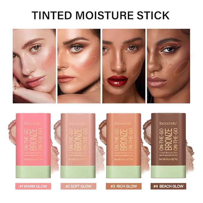 Multi-Use On The Go Bronzer Stick, Cream Contour Stick, Highlight Facial Stick Makeup, Glow Bronzer Stick for Women, Long-lasting Tinted Stick (4# Beach Glow)