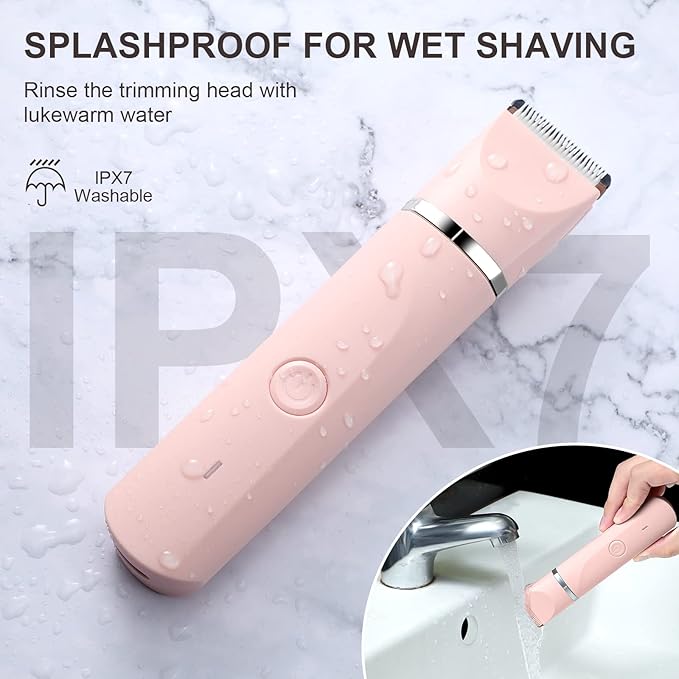 Bikini Trimmer for Women,Electric Razors Shaver for Bikini Legs Pubic Hair,Rechargeable Ladies Bikini Hair Trimmer Removal with Snap-in Ceramic Blades IP7X Washable Head,Wet and Dry Use,Pink