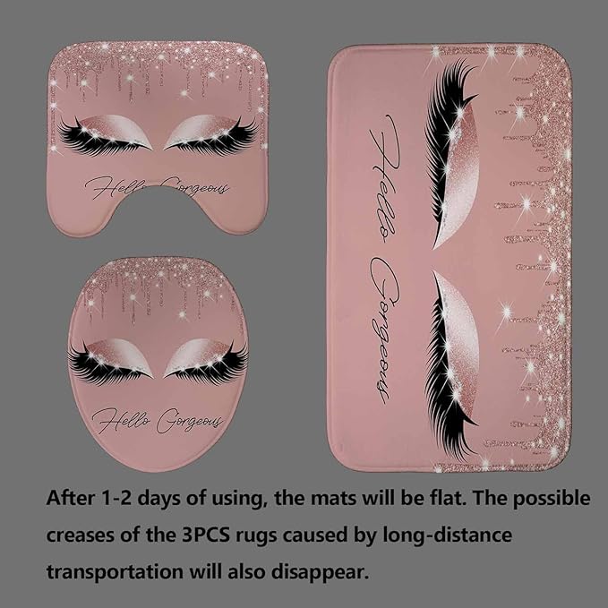 4PCS Hello Gorgeous Shower Curtain Set, Eyelash Makeup Glam Fashion Girly Pink Bathroom Decor for Women Girls, Waterproof Fabric Shower Curtain, Non-Slip Bath Mat Toilet Rug, Rose Gold Glitter