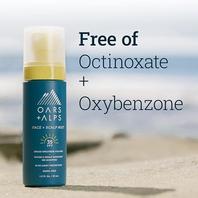Oars + Alps Face & Scalp Sunscreen Spray Mist, SPF 35 Facial & Hair Sunscreen, Protects from Blue Light, Incfused with Aloe Vera + Cucumber, Water & Sweat Resistant, Summer Splash Scent, 2pk