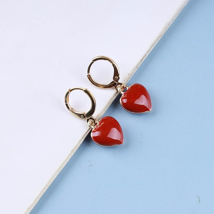 Vintage Heart Dangle earrings Red Coral Earrings Red Heart Love Huggie Earrings Gold Hoop Huggie Earrings Jewelry for Women
