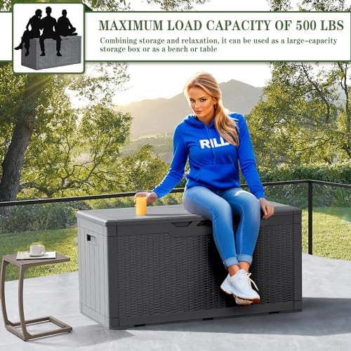 Greesum 100 Gallon Resin Deck Box Large Outdoor Storage, Imitation Rattan Weave - Image 4