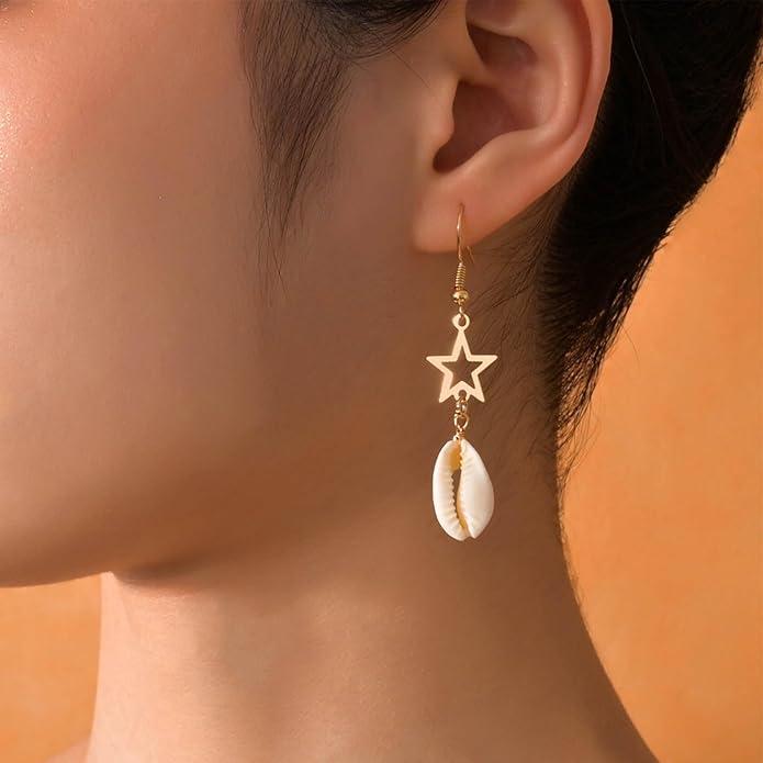 Boho Shell Drop Earrings Vintage Gold Star Shell Dangle Earrings Statement Cowrie Shell Hook Earrings Summer Beach Seashell Earrings Jewelry for Women
